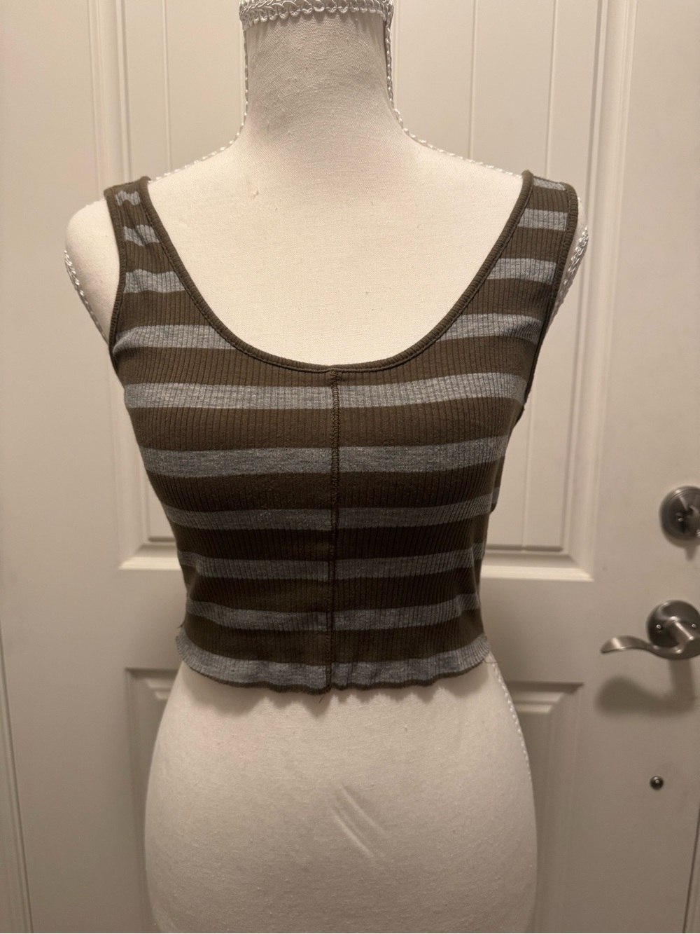 BDG Olive and Gray Striped Ribbed Crop Tank